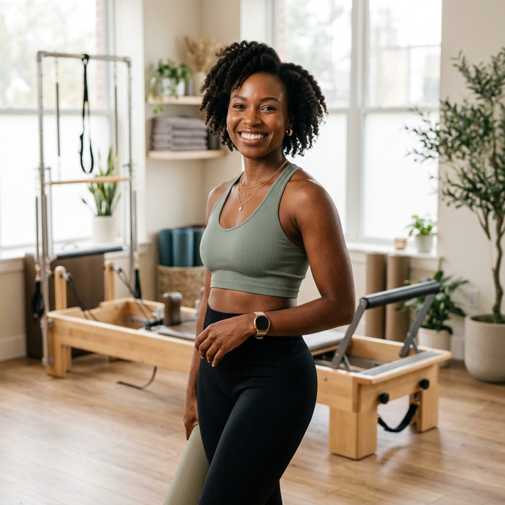 Beautiful African woman in activewear at Nirvana Pilates